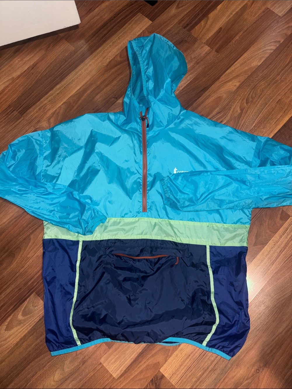 cotopaxi Teal, Lime & Navy Colorblock Hooded Rain Anorak